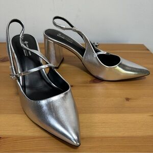 Call It Spring | Silver Coquette Mary Jane Slingback Heels | Size 10